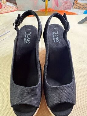 TOMS Black Canvas Peep-Toe Wedge Sandals with Ankle Strap